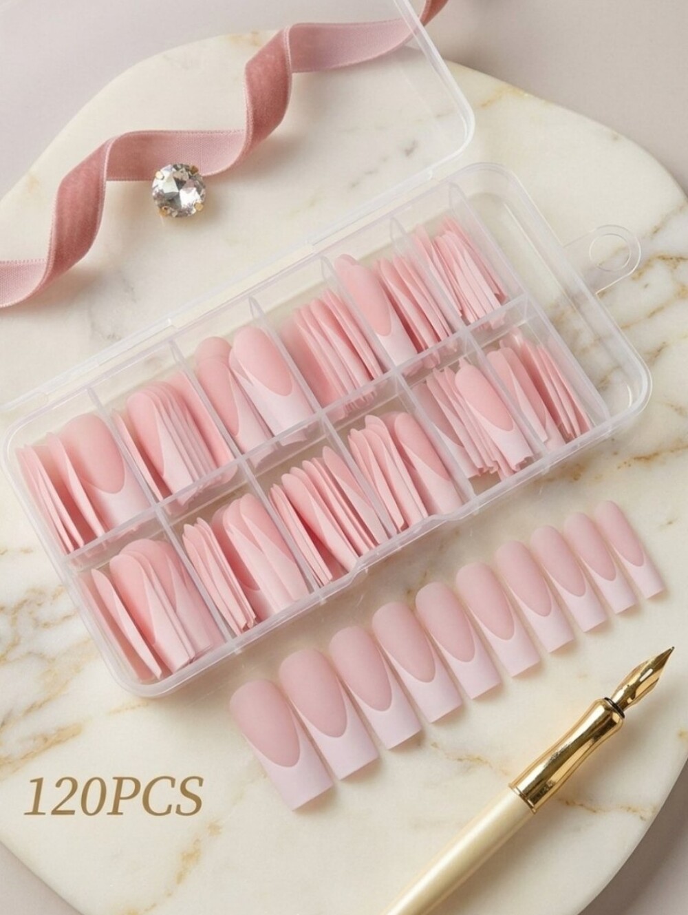 120pcs XL Matte Square Pink French Manicure Press On Nails NEW